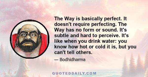 The Way is basically perfect. It doesn't require perfecting. The Way has no form or sound. It's subtle and hard to perceive. It's like when you drink water: you know how hot or cold it is, but you can't tell others.