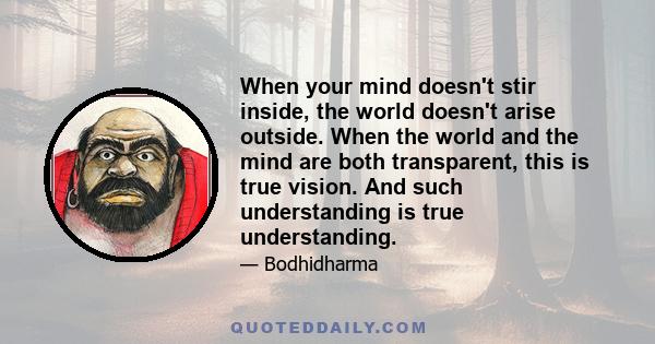 When your mind doesn't stir inside, the world doesn't arise outside. When the world and the mind are both transparent, this is true vision. And such understanding is true understanding.