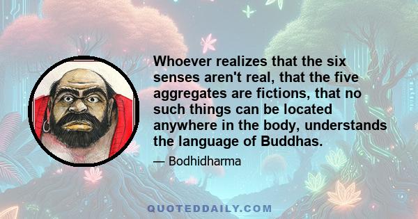 Whoever realizes that the six senses aren't real, that the five aggregates are fictions, that no such things can be located anywhere in the body, understands the language of Buddhas.