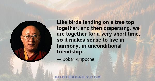 Like birds landing on a tree top together, and then dispersing, we are together for a very short time, so it makes sense to live in harmony, in unconditional friendship.