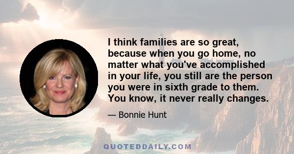 I think families are so great, because when you go home, no matter what you've accomplished in your life, you still are the person you were in sixth grade to them. You know, it never really changes.