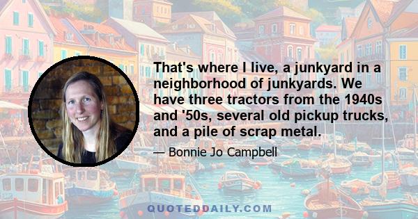 That's where I live, a junkyard in a neighborhood of junkyards. We have three tractors from the 1940s and '50s, several old pickup trucks, and a pile of scrap metal.