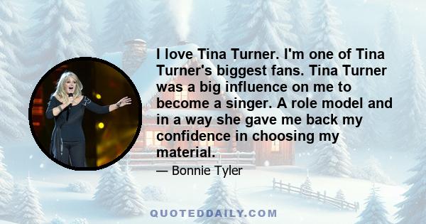 I love Tina Turner. I'm one of Tina Turner's biggest fans. Tina Turner was a big influence on me to become a singer. A role model and in a way she gave me back my confidence in choosing my material.