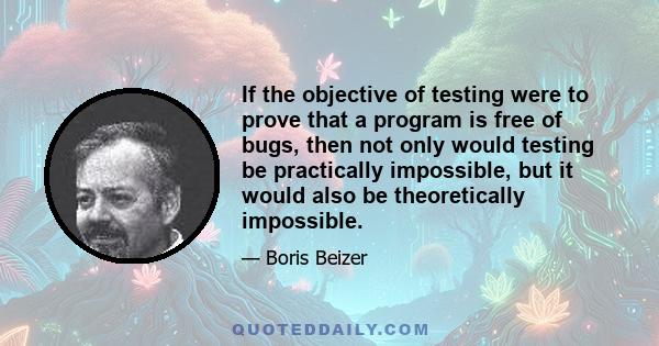 If the objective of testing were to prove that a program is free of bugs, then not only would testing be practically impossible, but it would also be theoretically impossible.