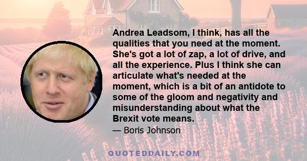 Andrea Leadsom, I think, has all the qualities that you need at the moment. She's got a lot of zap, a lot of drive, and all the experience. Plus I think she can articulate what's needed at the moment, which is a bit of