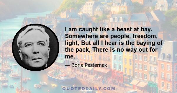 I am caught like a beast at bay. Somewhere are people, freedom, light, But all I hear is the baying of the pack, There is no way out for me.