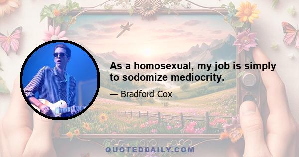 As a homosexual, my job is simply to sodomize mediocrity.