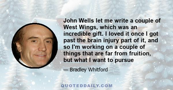 John Wells let me write a couple of West Wings, which was an incredible gift. I loved it once I got past the brain injury part of it, and so I'm working on a couple of things that are far from fruition, but what I want