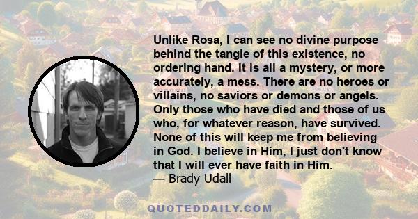 Unlike Rosa, I can see no divine purpose behind the tangle of this existence, no ordering hand. It is all a mystery, or more accurately, a mess. There are no heroes or villains, no saviors or demons or angels. Only