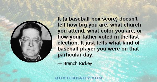 It (a baseball box score) doesn't tell how big you are, what church you attend, what color you are, or how your father voted in the last election. It just tells what kind of baseball player you were on that particular