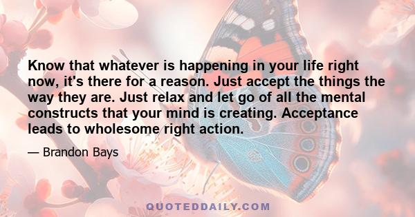 Know that whatever is happening in your life right now, it's there for a reason. Just accept the things the way they are. Just relax and let go of all the mental constructs that your mind is creating. Acceptance leads