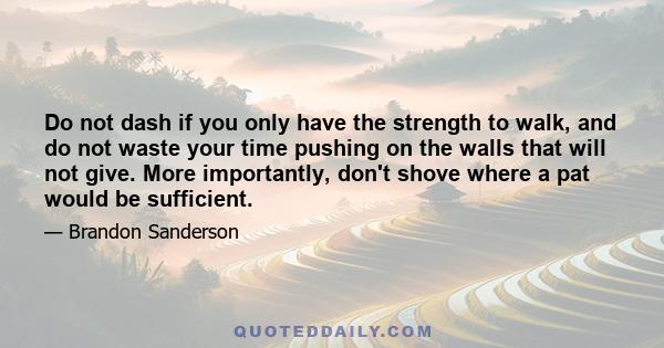 Do not dash if you only have the strength to walk, and do not waste your time pushing on the walls that will not give. More importantly, don't shove where a pat would be sufficient.