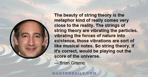 The beauty of string theory is the metaphor kind of really comes very close to the reality. The strings of string theory are vibrating the particles, vibrating the forces of nature into existence, those vibrations are