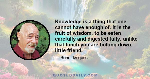 Knowledge is a thing that one cannot have enough of. It is the fruit of wisdom, to be eaten carefully and digested fully, unlike that lunch you are bolting down, little friend.