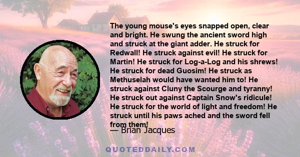 The young mouse's eyes snapped open, clear and bright. He swung the ancient sword high and struck at the giant adder. He struck for Redwall! He struck against evil! He struck for Martin! He struck for Log-a-Log and his