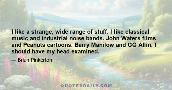 I like a strange, wide range of stuff. I like classical music and industrial noise bands. John Waters films and Peanuts cartoons. Barry Manilow and GG Allin. I should have my head examined.