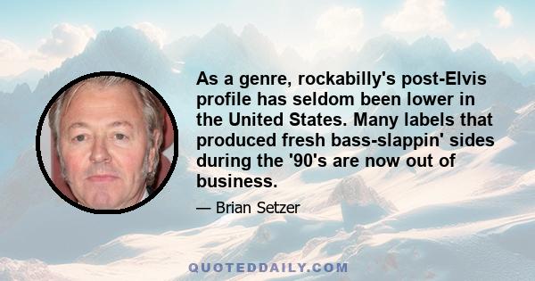 As a genre, rockabilly's post-Elvis profile has seldom been lower in the United States. Many labels that produced fresh bass-slappin' sides during the '90's are now out of business.