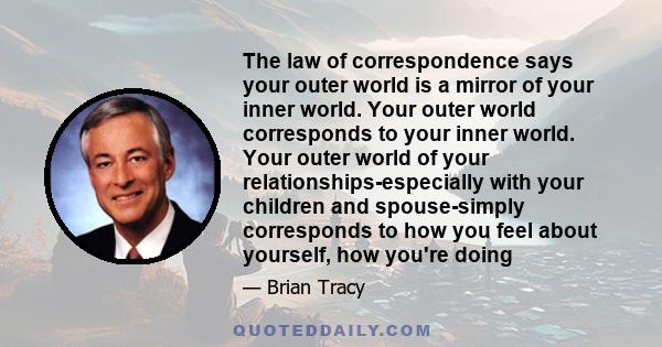 The law of correspondence says your outer world is a mirror of your inner world. Your outer world corresponds to your inner world. Your outer world of your relationships-especially with your children and spouse-simply