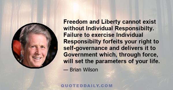 Freedom and Liberty cannot exist without Individual Responsibilty. Failure to exercise Individual Responsibilty forfeits your right to self-governance and delivers it to Government which, through force, will set the