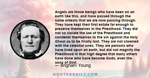 Angels are those beings who have been on an earth like this, and have passed through the same ordeals that we are now passing through. They have kept their first estate far enough to preserve themselves in the