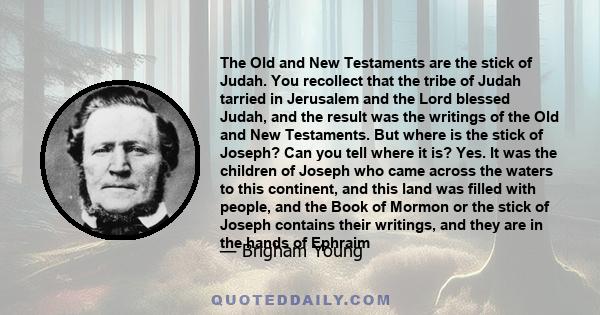 The Old and New Testaments are the stick of Judah. You recollect that the tribe of Judah tarried in Jerusalem and the Lord blessed Judah, and the result was the writings of the Old and New Testaments. But where is the