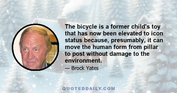 The bicycle is a former child's toy that has now been elevated to icon status because, presumably, it can move the human form from pillar to post without damage to the environment.