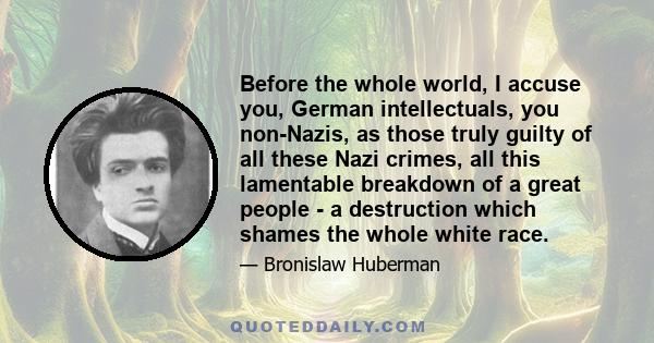 Before the whole world, I accuse you, German intellectuals, you non-Nazis, as those truly guilty of all these Nazi crimes, all this lamentable breakdown of a great people - a destruction which shames the whole white