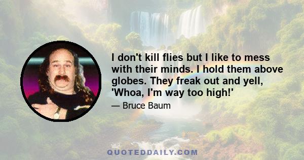 I don't kill flies but I like to mess with their minds. I hold them above globes. They freak out and yell, 'Whoa, I'm way too high!'