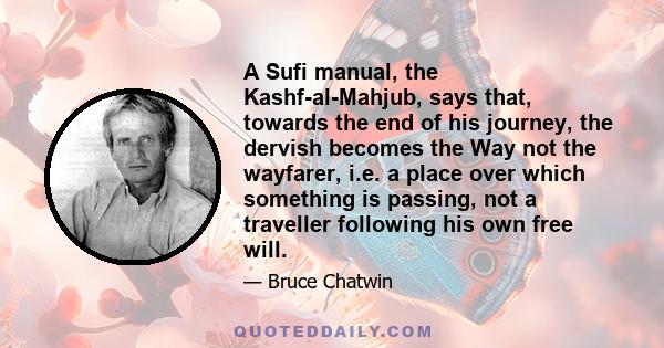 A Sufi manual, the Kashf-al-Mahjub, says that, towards the end of his journey, the dervish becomes the Way not the wayfarer, i.e. a place over which something is passing, not a traveller following his own free will.