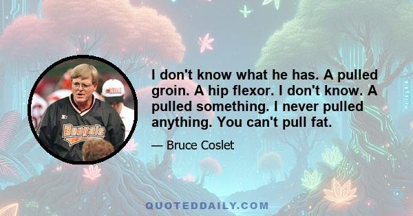 I don't know what he has. A pulled groin. A hip flexor. I don't know. A pulled something. I never pulled anything. You can't pull fat.