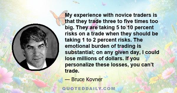 My experience with novice traders is that they trade three to five times too big. They are taking 5 to 10 percent risks on a trade when they should be taking 1 to 2 percent risks. The emotional burden of trading is