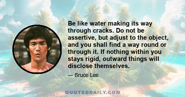 Be like water making its way through cracks. Do not be assertive, but adjust to the object, and you shall find a way round or through it. If nothing within you stays rigid, outward things will disclose themselves.