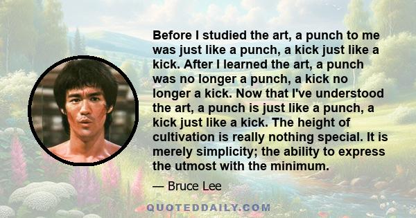 Before I studied the art, a punch to me was just like a punch, a kick just like a kick. After I learned the art, a punch was no longer a punch, a kick no longer a kick. Now that I've understood the art, a punch is just