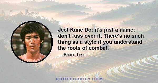 Jeet Kune Do: it's just a name; don't fuss over it. There's no such thing as a style if you understand the roots of combat.