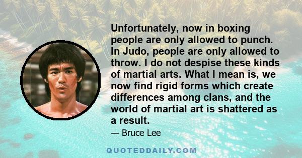 Unfortunately, now in boxing people are only allowed to punch. In Judo, people are only allowed to throw. I do not despise these kinds of martial arts. What I mean is, we now find rigid forms which create differences