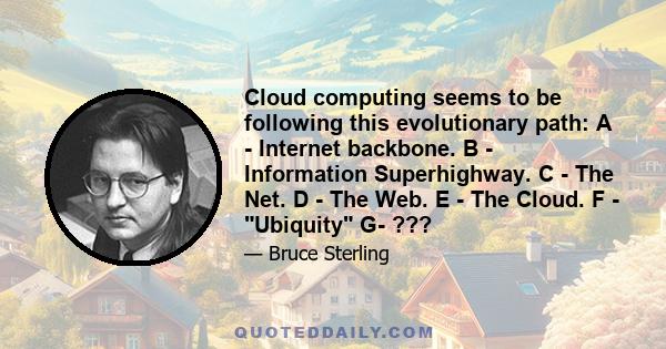 Cloud computing seems to be following this evolutionary path: A - Internet backbone. B - Information Superhighway. C - The Net. D - The Web. E - The Cloud. F - Ubiquity G- ???