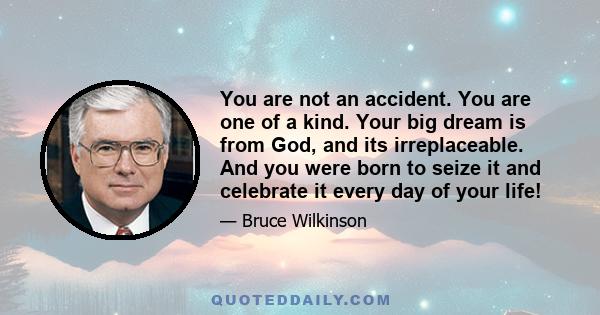 You are not an accident. You are one of a kind. Your big dream is from God, and its irreplaceable. And you were born to seize it and celebrate it every day of your life!