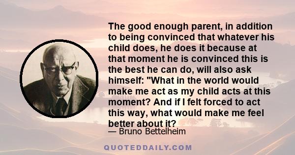 The good enough parent, in addition to being convinced that whatever his child does, he does it because at that moment he is convinced this is the best he can do, will also ask himself: What in the world would make me