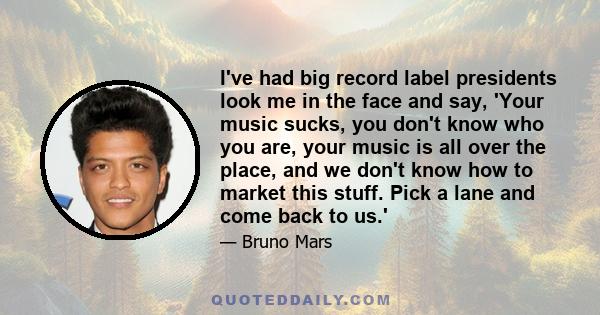 I've had big record label presidents look me in the face and say, 'Your music sucks, you don't know who you are, your music is all over the place, and we don't know how to market this stuff. Pick a lane and come back to 