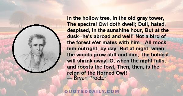 In the hollow tree, in the old gray tower, The spectral Owl doth dwell; Dull, hated, despised, in the sunshine hour, But at the dusk--he's abroad and well! Not a bird of the forest e'er mates with him-- All mock him