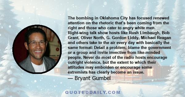 The bombing in Oklahoma City has focused renewed attention on the rhetoric that’s been coming from the right and those who cater to angry white men. Right-wing talk show hosts like Rush Limbaugh, Bob Grant, Oliver