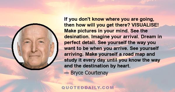 If you don't know where you are going, then how will you get there? VISUALISE! Make pictures in your mind. See the desination. Imagine your arrival. Dream in perfect detail. See yourself the way you want to be when you