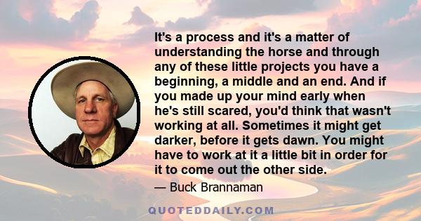 It's a process and it's a matter of understanding the horse and through any of these little projects you have a beginning, a middle and an end. And if you made up your mind early when he's still scared, you'd think that 