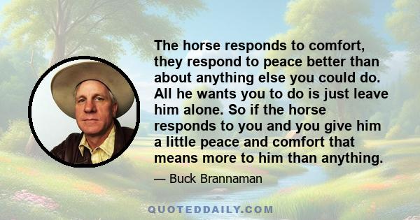 The horse responds to comfort, they respond to peace better than about anything else you could do. All he wants you to do is just leave him alone. So if the horse responds to you and you give him a little peace and