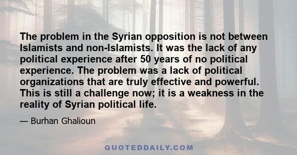 The problem in the Syrian opposition is not between Islamists and non-Islamists. It was the lack of any political experience after 50 years of no political experience. The problem was a lack of political organizations