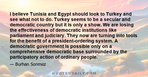 I believe Tunisia and Egypt should look to Turkey and see what not to do. Turkey seems to be a secular and democratic country but it is only a show. We are losing the effectiveness of democratic institutions like