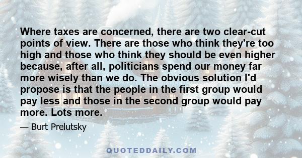 Where taxes are concerned, there are two clear-cut points of view. There are those who think they're too high and those who think they should be even higher because, after all, politicians spend our money far more