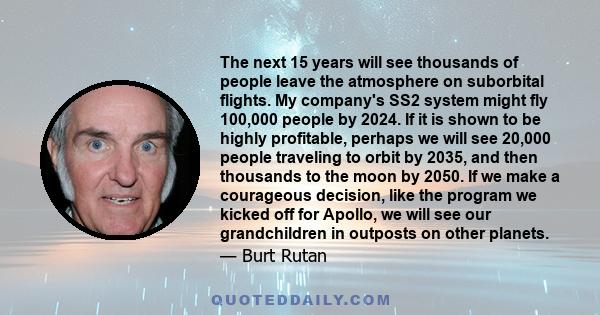 The next 15 years will see thousands of people leave the atmosphere on suborbital flights. My company's SS2 system might fly 100,000 people by 2024. If it is shown to be highly profitable, perhaps we will see 20,000