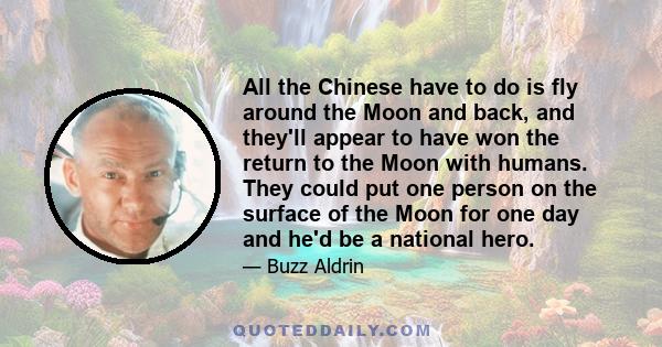 All the Chinese have to do is fly around the Moon and back, and they'll appear to have won the return to the Moon with humans. They could put one person on the surface of the Moon for one day and he'd be a national hero.