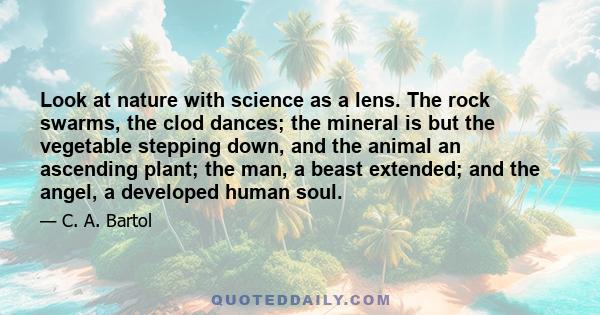 Look at nature with science as a lens. The rock swarms, the clod dances; the mineral is but the vegetable stepping down, and the animal an ascending plant; the man, a beast extended; and the angel, a developed human